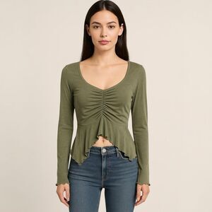 SHEIN solid green Long wide Sleeve v neck scrunched lightweight spandex blouse L